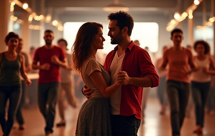 Students social dancing in a modern studio setting