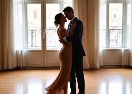 Elegant couple dancing slow waltz