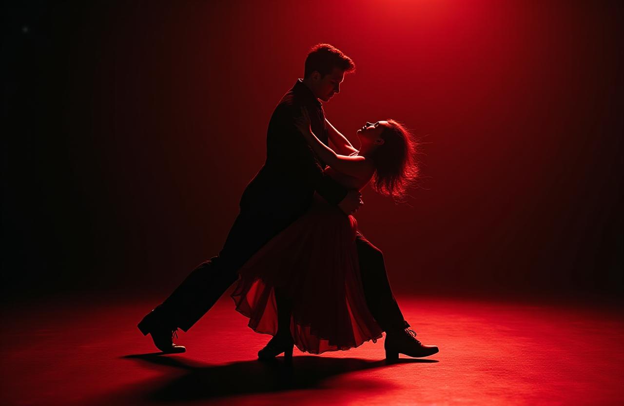 Dramatic tango dance dip in professional ballroom setting