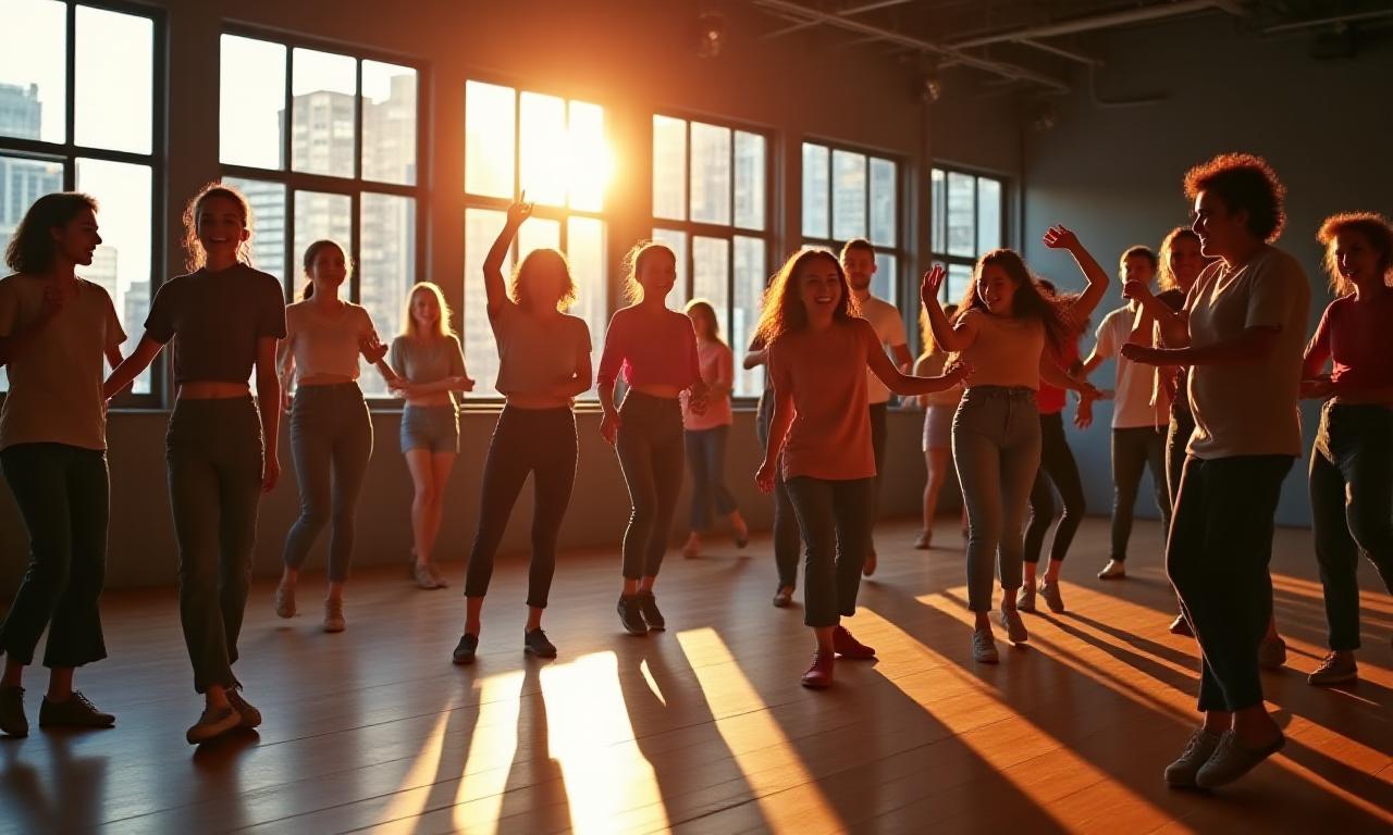 Diverse group of people laughing and dancing in a studio